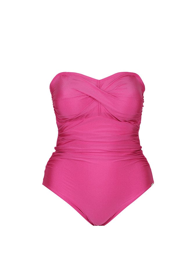 Ghost mannequin metallic pink strapless one piece swimwear