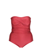 Ghost mannequin of sangria coloured one piece in metallic fabric