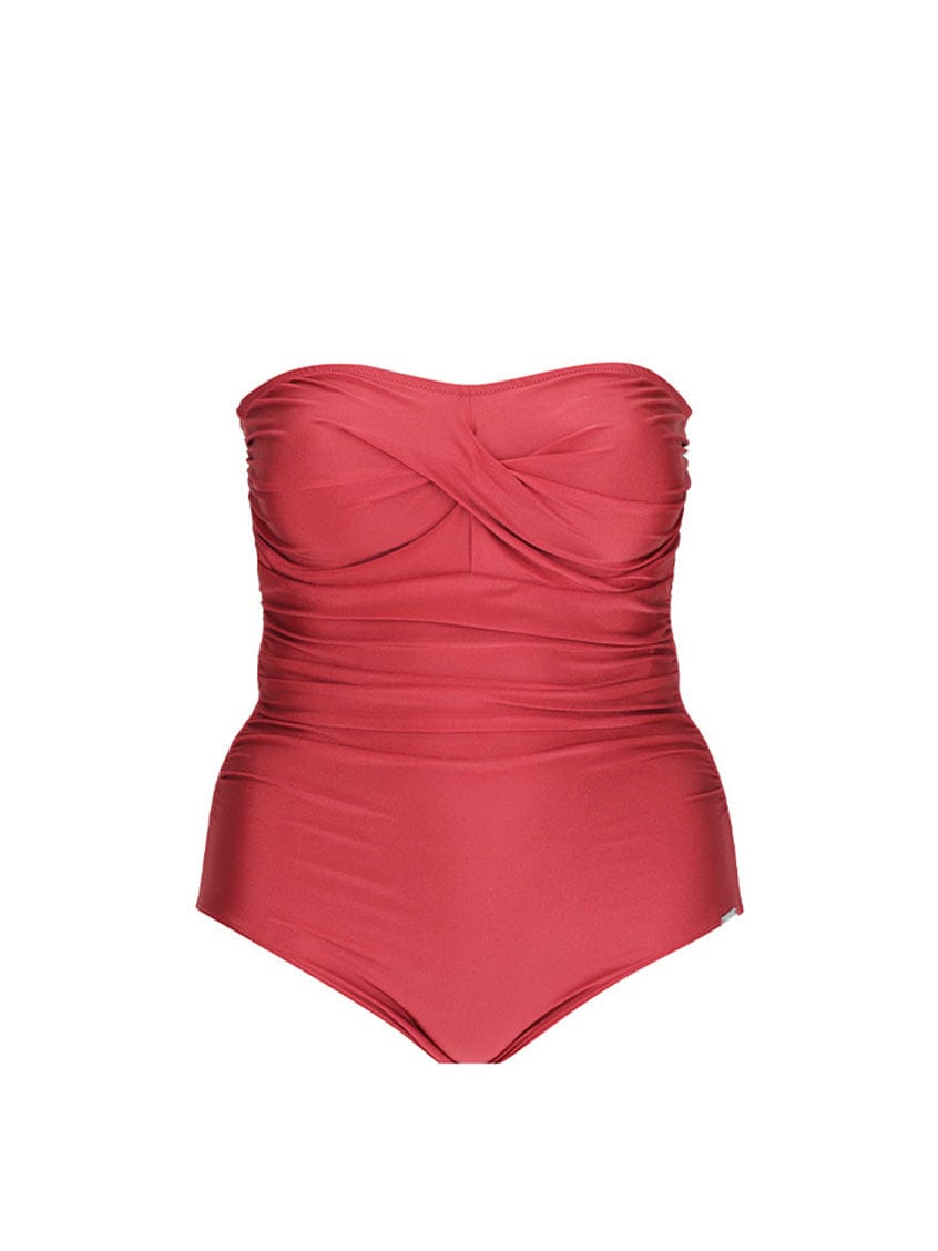 Ghost mannequin of sangria coloured one piece in metallic fabric