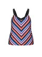 Multicolored striped tank top with black straps on a white background