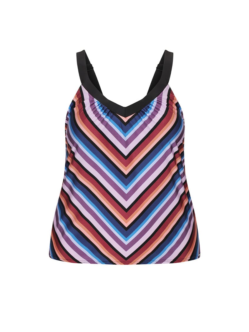 Multicolored striped tank top with black straps on a white background
