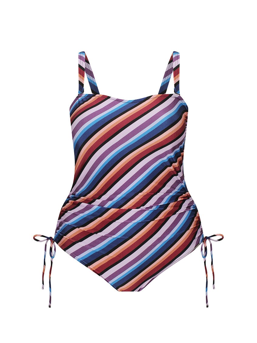 Multicolored striped swimsuit with ruched sides on a white background
