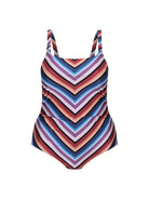 Multicolored striped tank one piece swimsuit on a white background