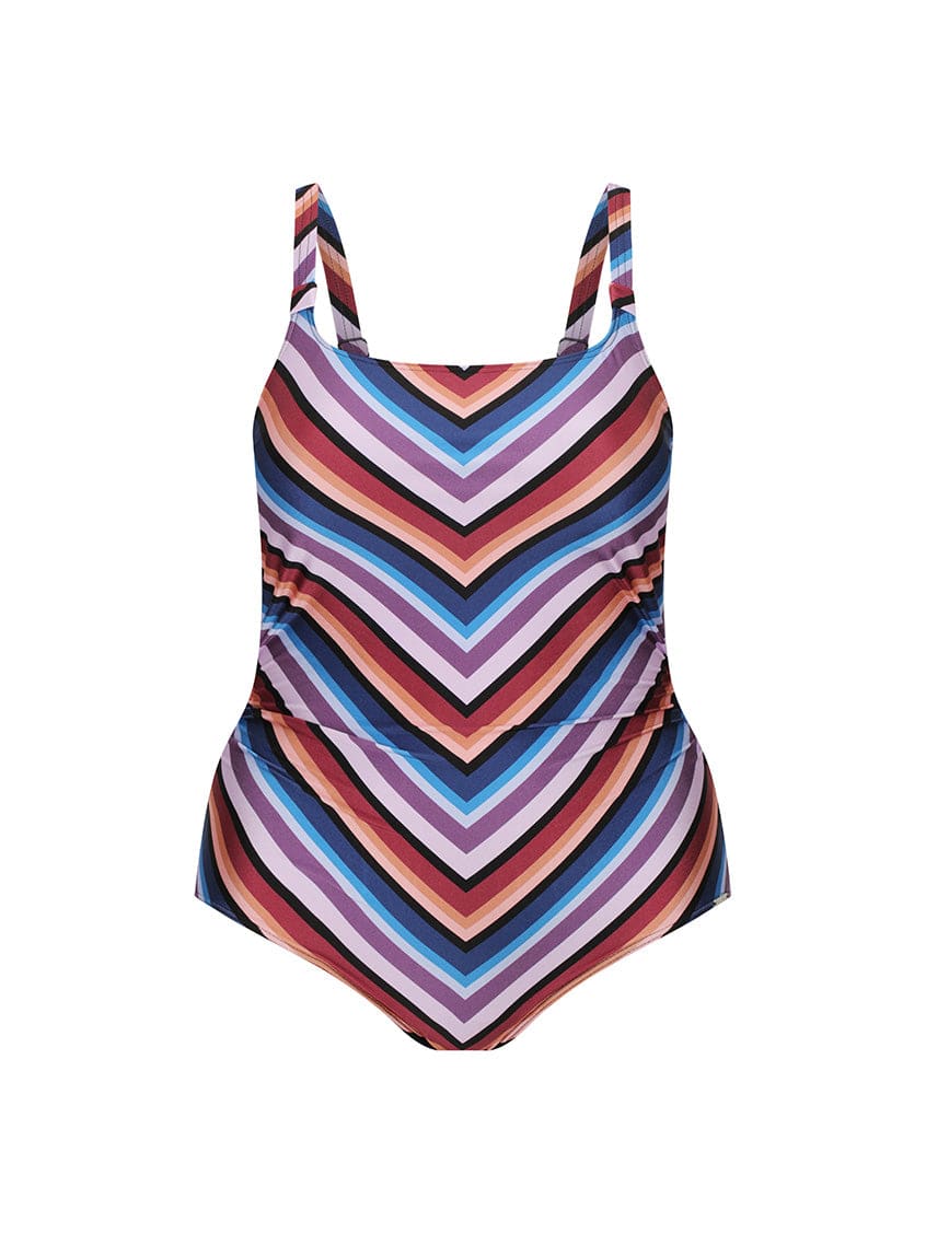 Multicolored striped tank one piece swimsuit on a white background