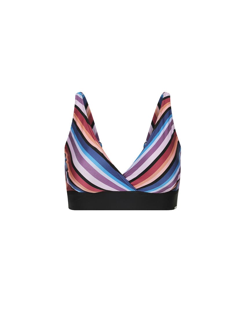 Multicolored striped bikini top on a white background
