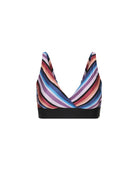 Multicolored striped bikini top on a white background