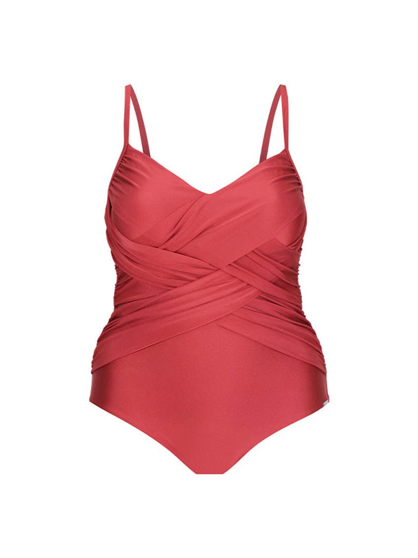 Ghost mannequin of sangria criss cross one piece in metallic fabric