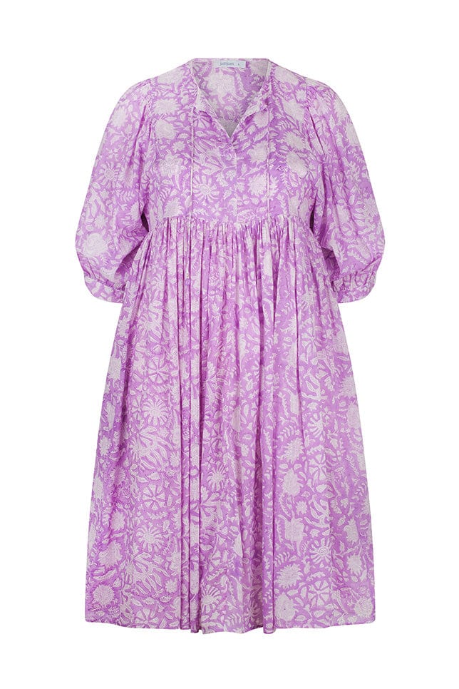 ghost mannequin of lilac and white block printed boho cotton dress