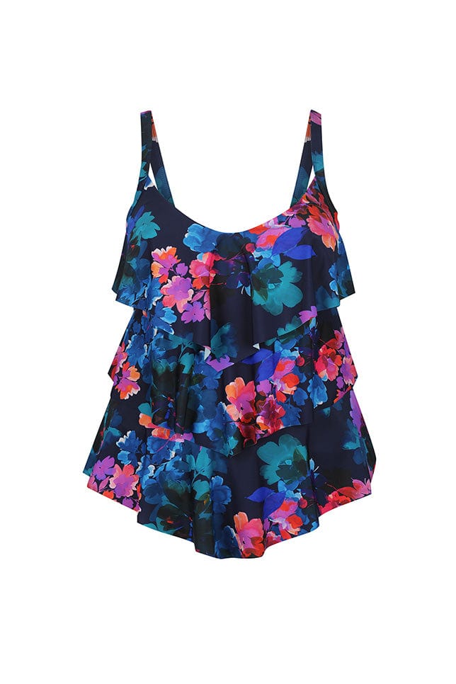 Ghost mannequin navy floral three tier frill tankini top