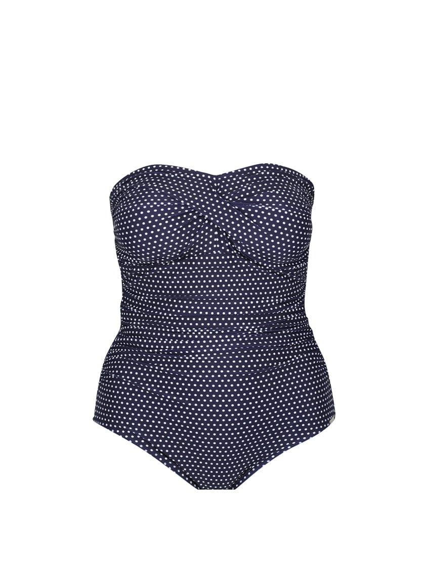 ghost mannequin navy and white dots strapless swimsuit