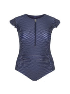 ghost mannequin navy and white dots frill sleeve one piece