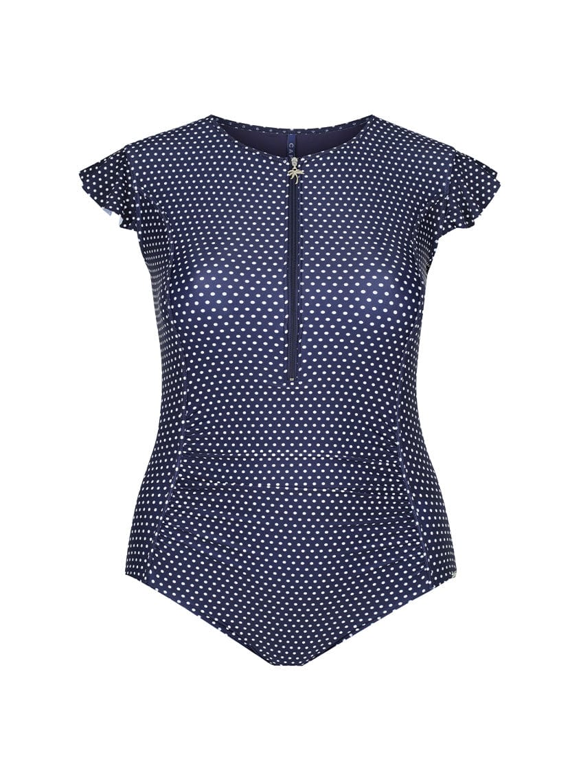 ghost mannequin navy and white dots frill sleeve one piece
