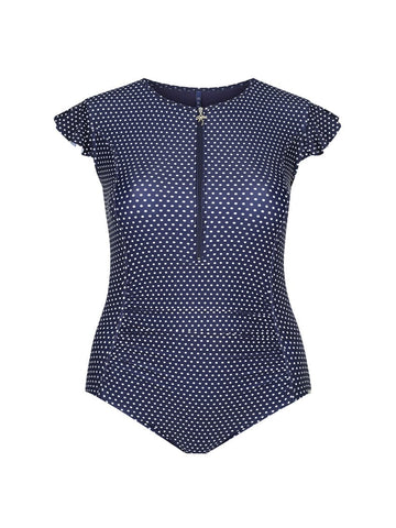 Navy & White Polka Dot Frill Sleeve One Piece