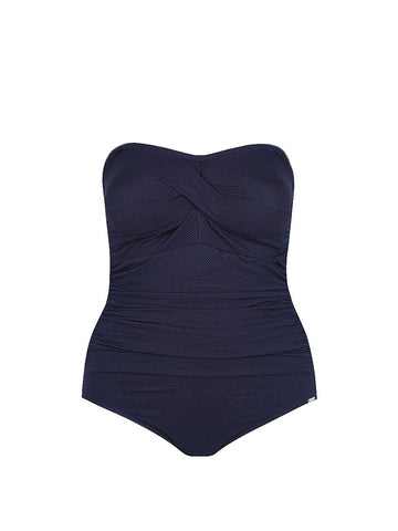Honey Comb Twist Front Bandeau One Piece Swimwear NAVY