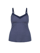 Ghost mannequin navy and white dots underwire tankini top