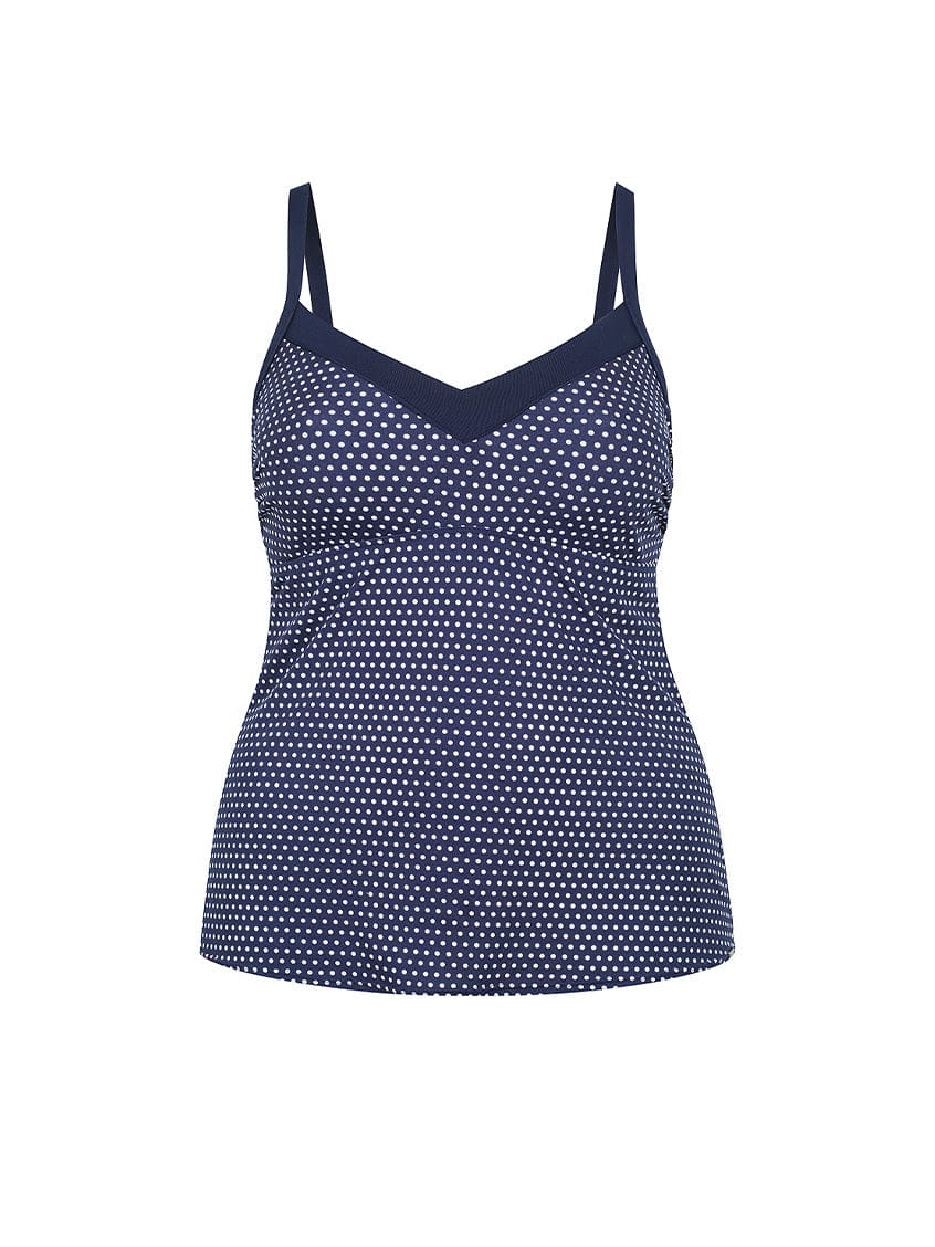 Ghost mannequin navy and white dots underwire tankini top
