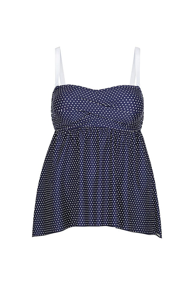 Ghost mannequin navy and white dots underwire swing bandeau tankini top