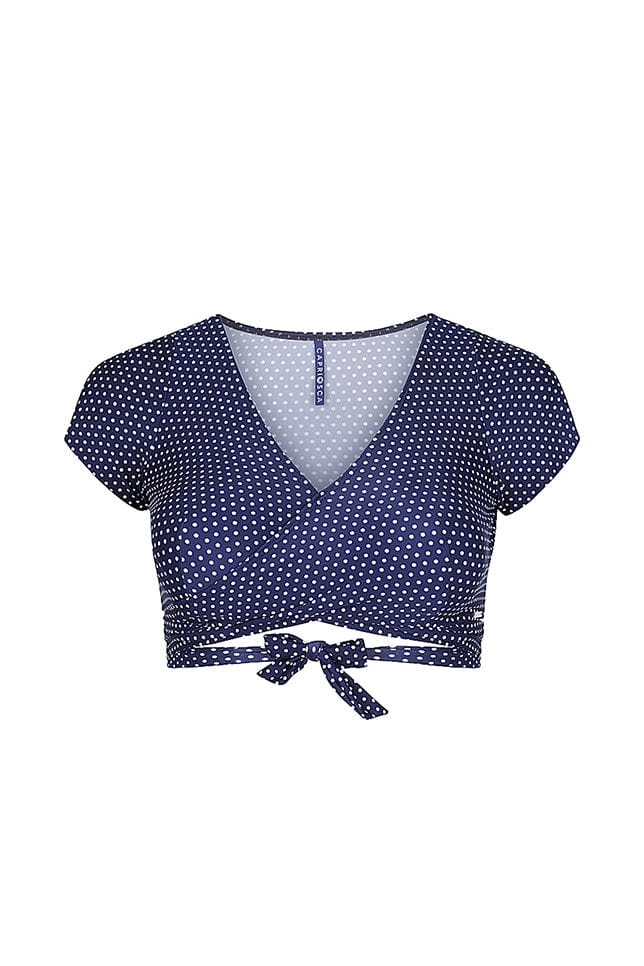 ghost mannequin of navy and white polkadot wrap crop bikini top