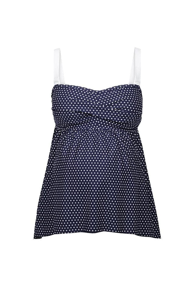 Ghost mannequin navy and white dots maternity swing tankini top