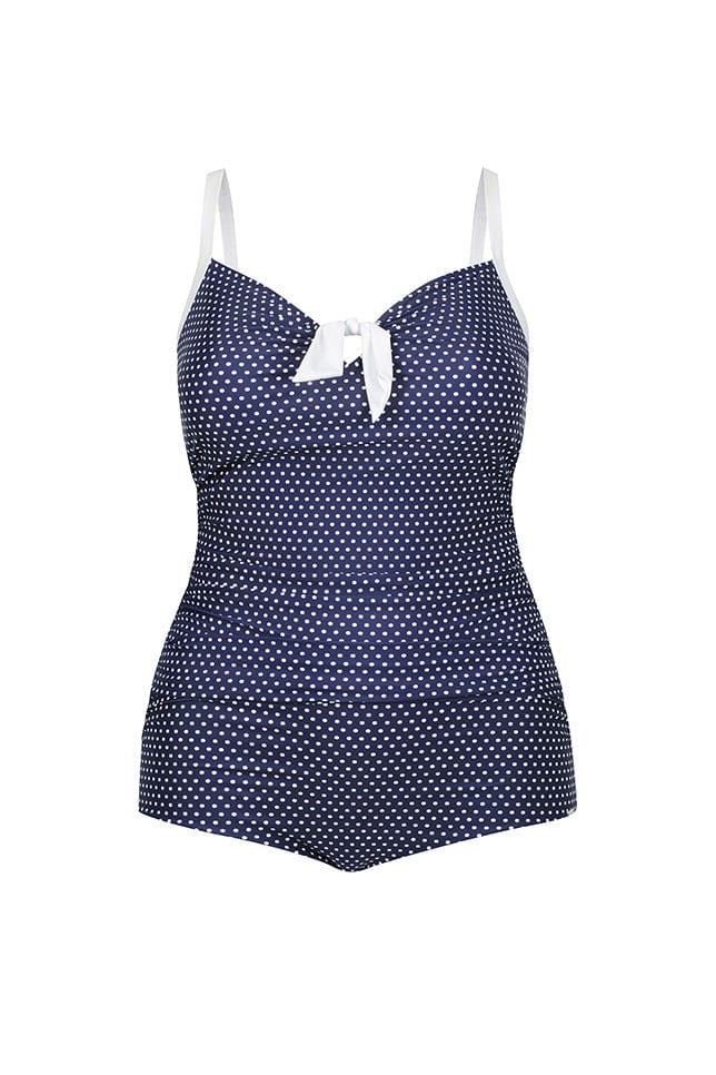Navy and White Dots Vintage Boyleg One Piece With Bow