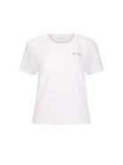 White t-shirt with a small logo on a white background