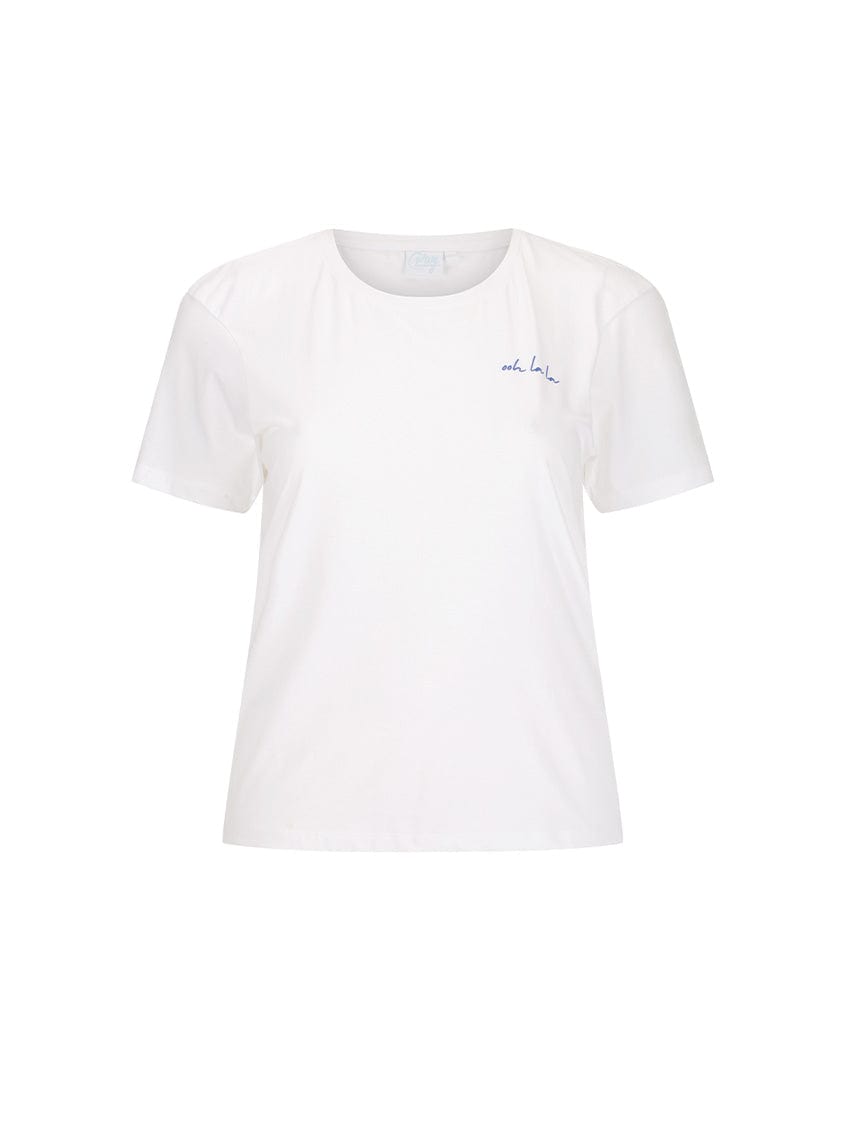 White t-shirt with a small logo on a white background