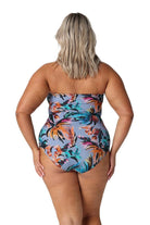 Model showing back of tropical strapless one piece