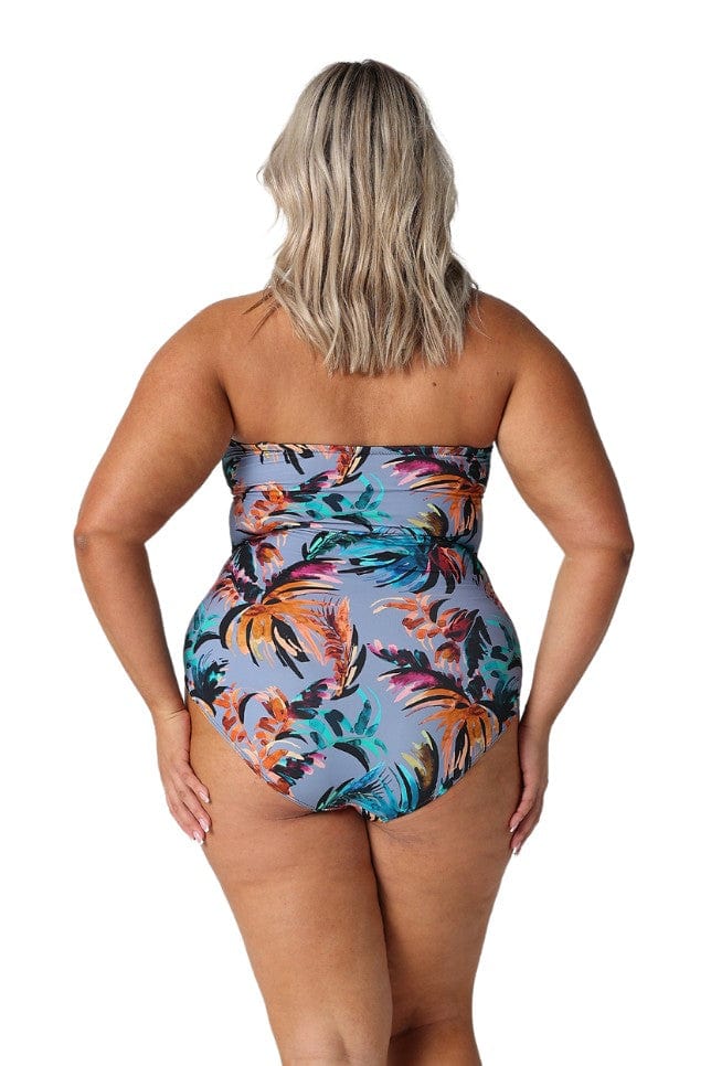 Model showing back of tropical strapless one piece