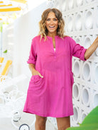 model wearing pink cotton over shirt
