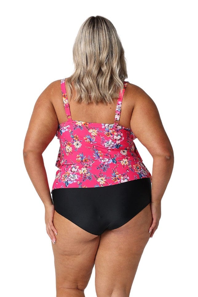 Model show back of hot pink floral women's tankini top