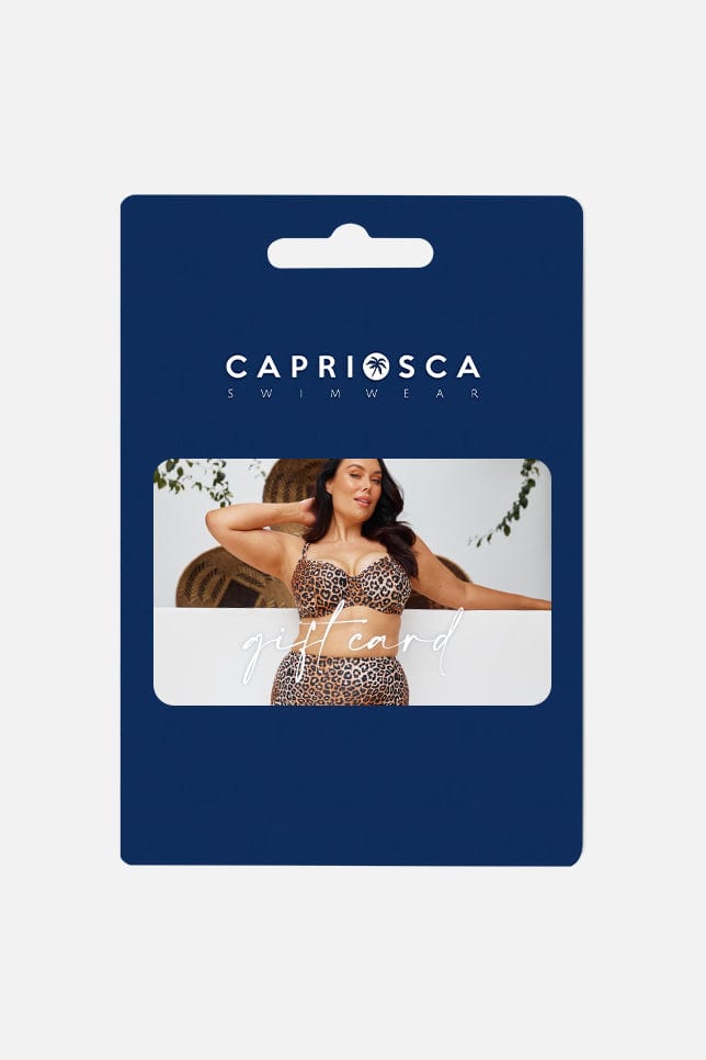 Capriosca swimwear packaging with a model wearing leopard print swimwear.