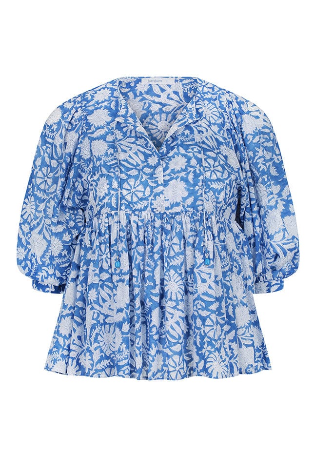 ghost mannequin of blue and white block printed boho top with puffy sleeves