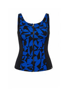 Black tank top with blue abstract pattern on a white background