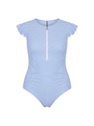 A light blue and white striped one-piece swimsuit with a short front zipper, cap sleeves, and a scoop neckline, shown against a plain white background.