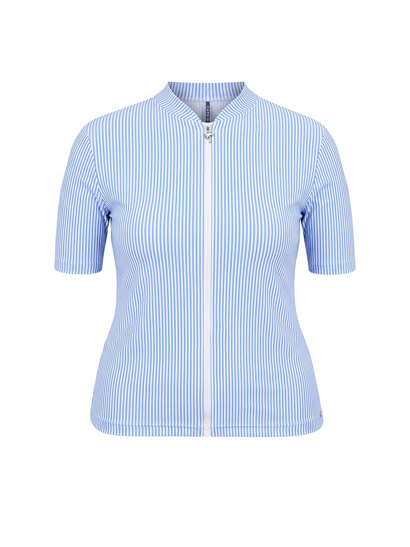 A women's short-sleeve zip-up shirt with a stand collar, featuring a light blue and white vertical stripe pattern, shown on a plain white background.