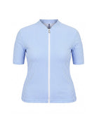 A women's short-sleeve zip-up shirt with a stand collar, featuring a light blue and white vertical stripe pattern, shown on a plain white background.