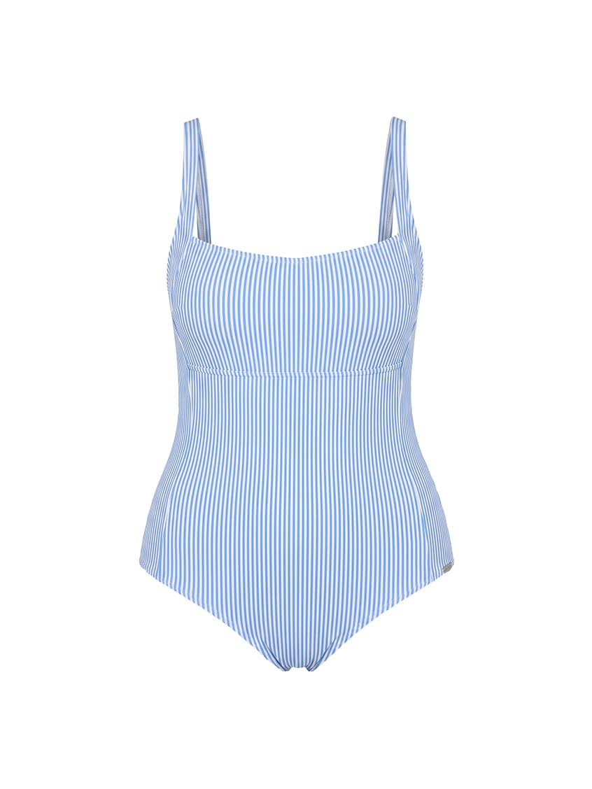 A one-piece swimsuit with a blue and white vertical stripe pattern, featuring a square neckline and thin shoulder straps, shown against a plain white background.