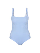 A one-piece swimsuit with a blue and white vertical stripe pattern, featuring a square neckline and thin shoulder straps, shown against a plain white background.