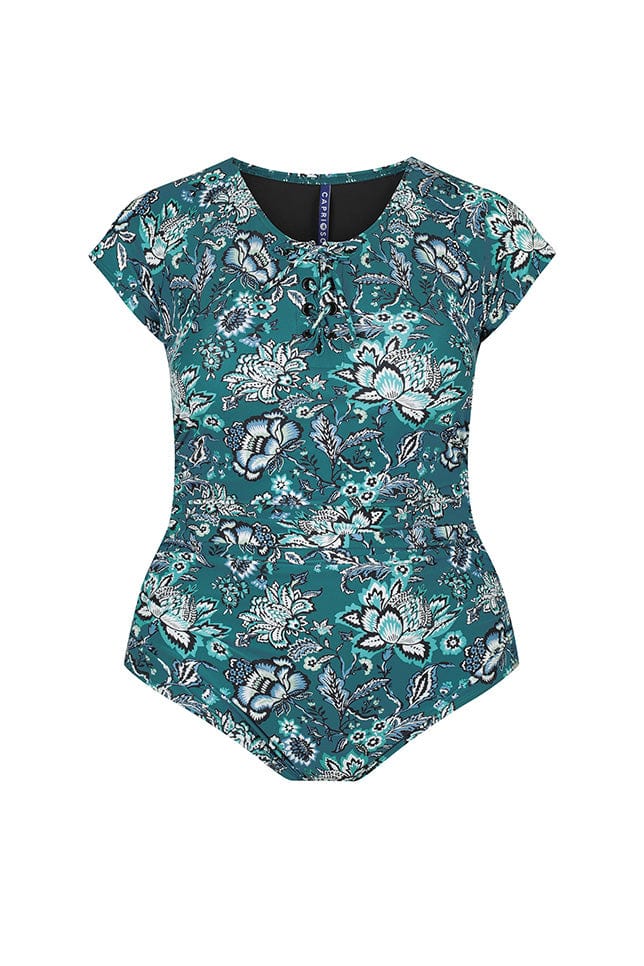 Ghost mannequin teal floral short sleeve tie front one piece