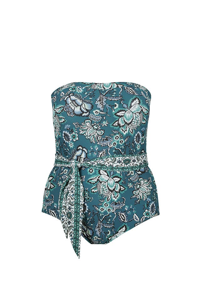 Ghost mannequin teal floral strapless one piece with underwire support