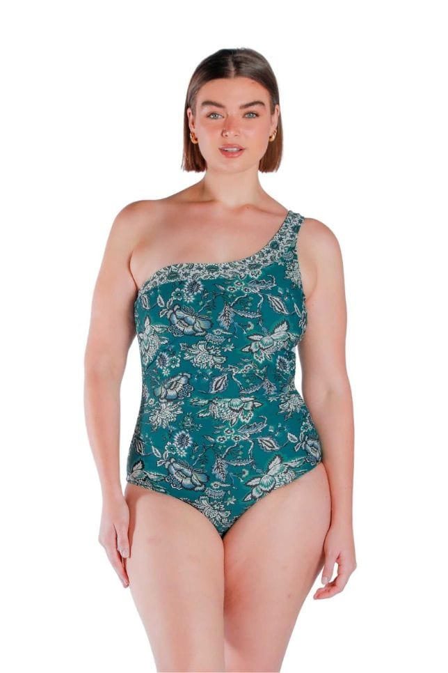 size 14 women wearing sardinia green one shoulder one piece womens swimwear australia