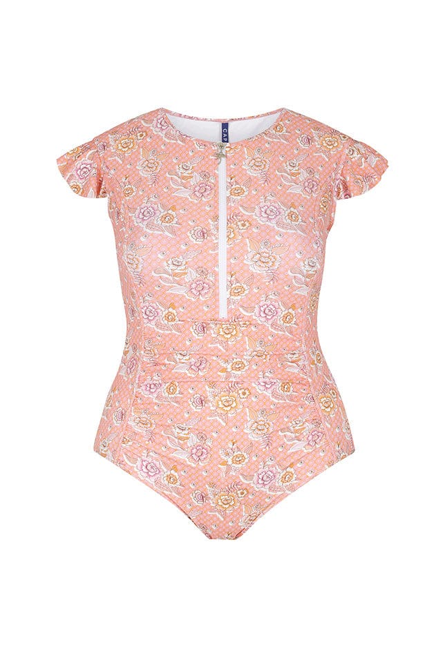 Ghost mannequin pink floral zip front frill sleeve one piece
