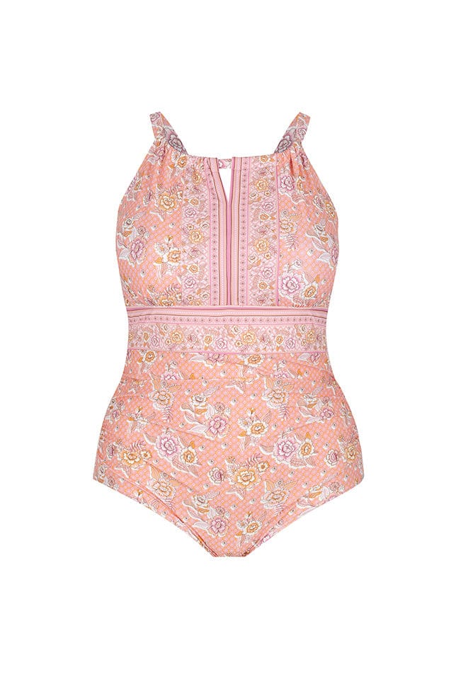 Ghost mannequin of pink floral high neck one piece swimsuit