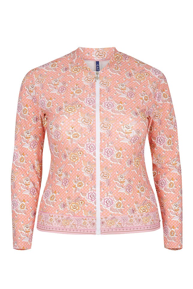 Ghost mannequin of pink floral long sleeve zip up rash vest