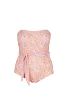 Ghost mannequin pink floral strapless bandeau one piece with waist tie