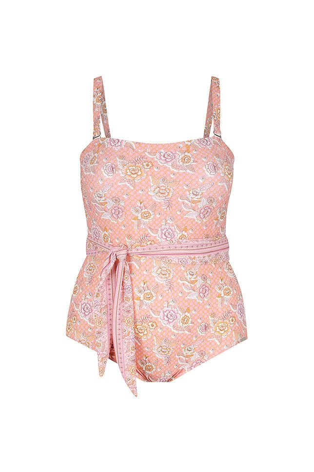 Ghost mannequin of pink floral bandeau one piece with straps