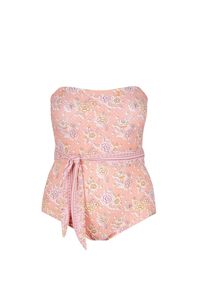 Ghost mannequin pink floral strapless bandeau one piece with waist tie