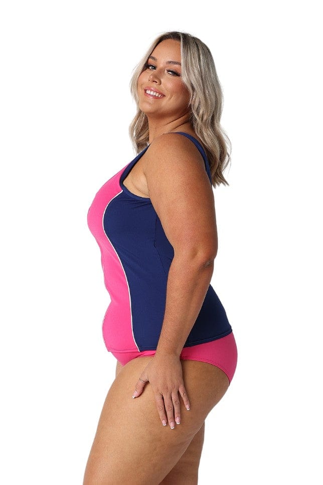 Model showing side of womens navy and pink tankini