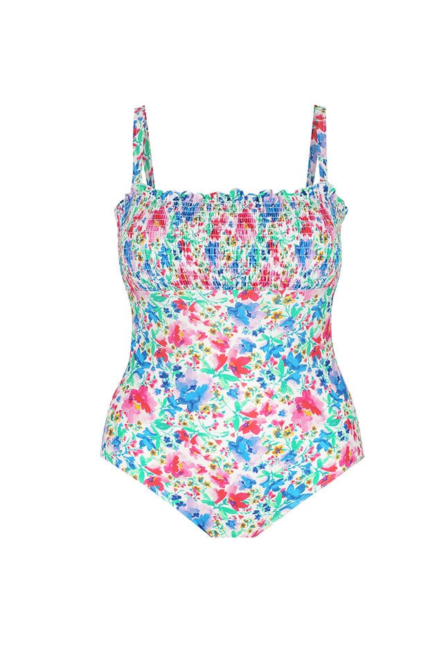 Ghost mannequin bright floral shirred bandeau one piece with straps