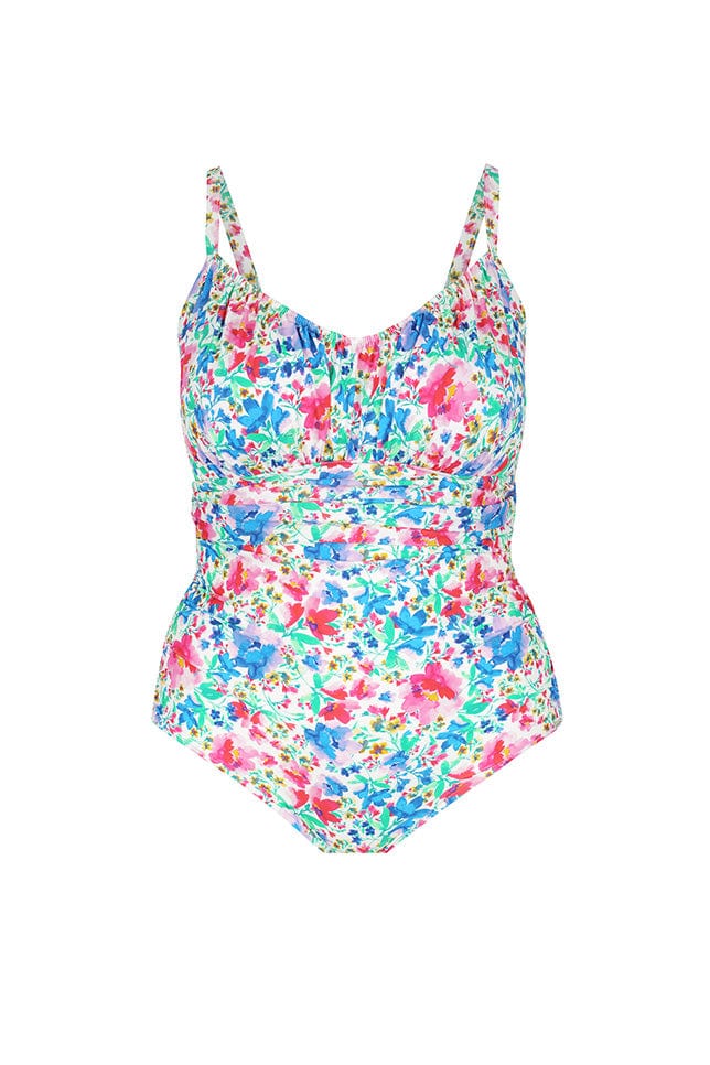 Ghost mannequin bright floral underwire one piece swimsuit